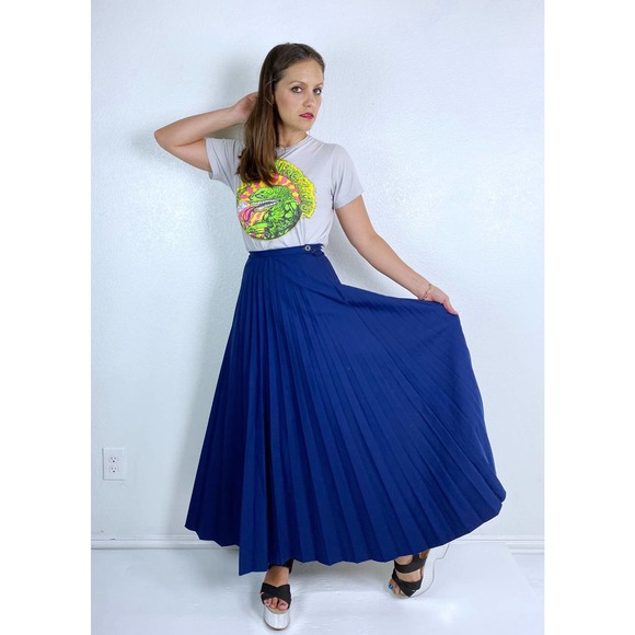 vintage 70s Navy high waisted PLEATED Maxi SKIRT xxs/xs full skirt knife pleats - Picture 3 of 10